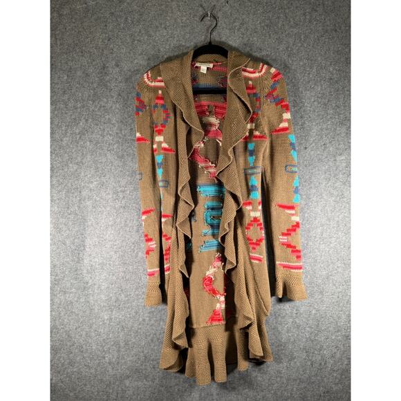 BOSTON PROPER Cardigan XS Aztec Ruffle Open Front Longline Southwestern Sweater - Picture 1 of 7